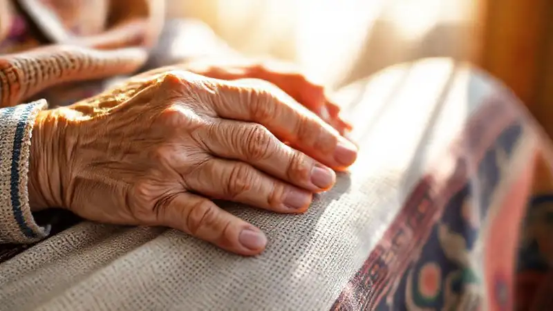 Manos ancianas experimentan serenidad táctil y cálida
