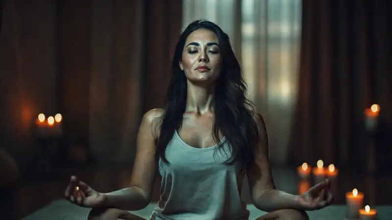 Mujer meditando irradia calma serena