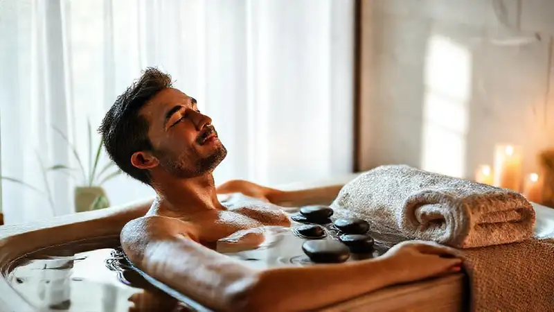 Un hombre se relaja en spa natural