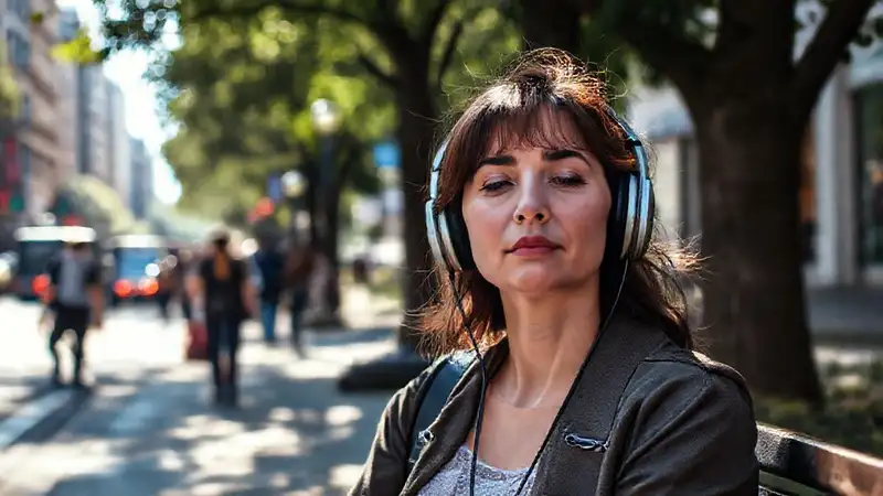 Mujer serena observa la calle tranquila
