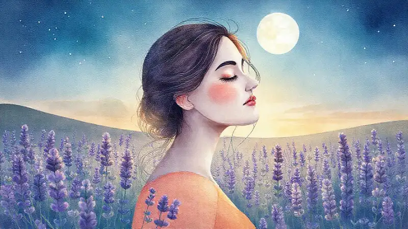 Mujer serena en campos de lavanda