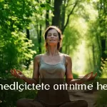 Mujer medita en bosque sereno y natural