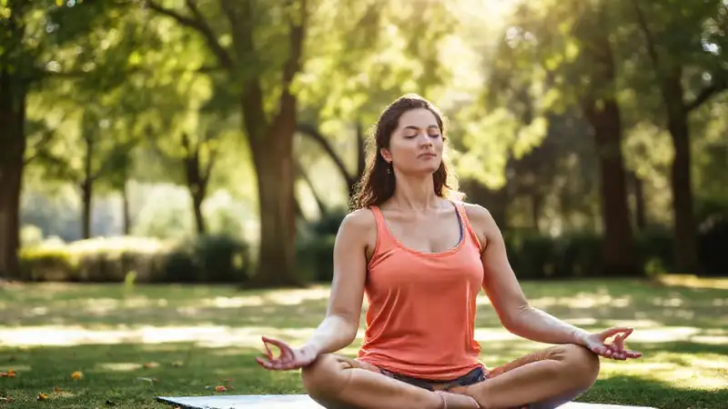 Mujer meditando encuentra paz en el parque