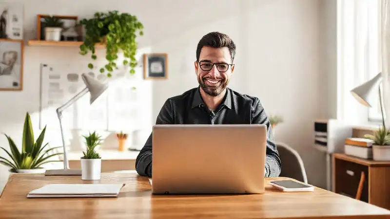 Un emprendedor feliz trabaja en casa