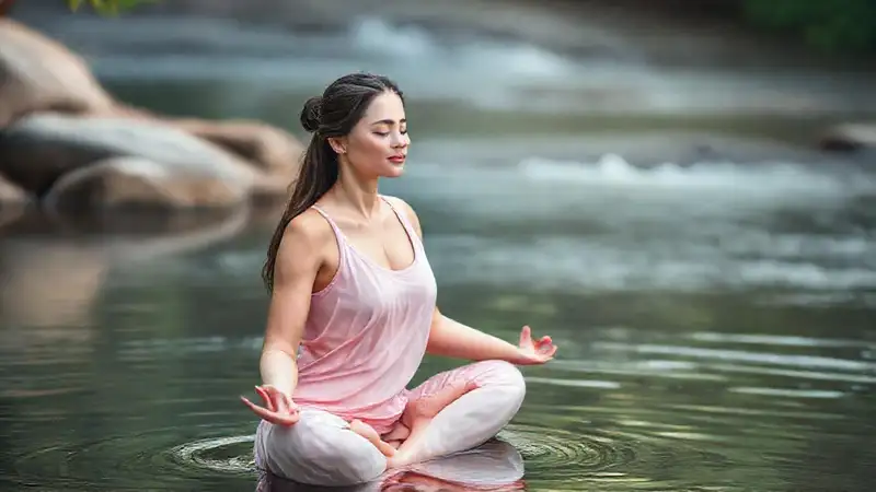 Mujer meditante irradia paz serena