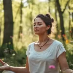 Mujer medita en bosque sereno