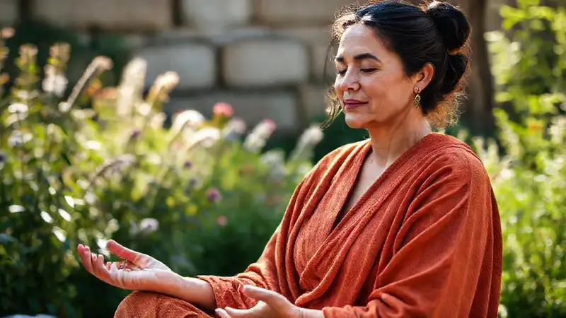Mujer meditando irradia paz y serenidad